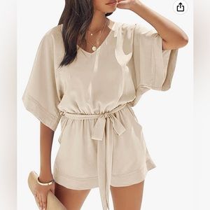 Pepochic Casual V Neck Romper Short Sleeve High Waist Belted w/ Pockets